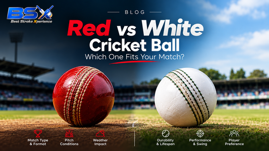 Red and white leather cricket balls compared in a cricket ground setting